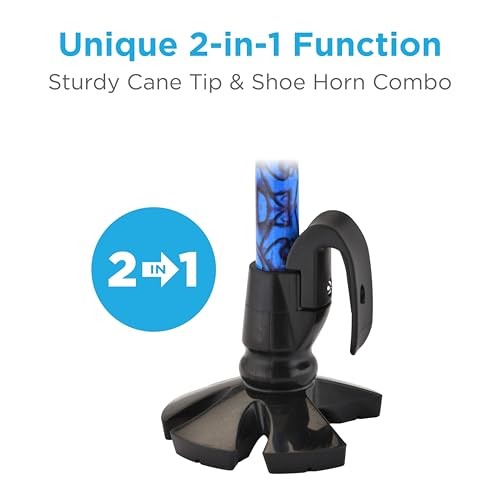 Shoe Horn Offset Cane, 2-in-1 Shoe Helper & Walking Aid, Self Blue Waves