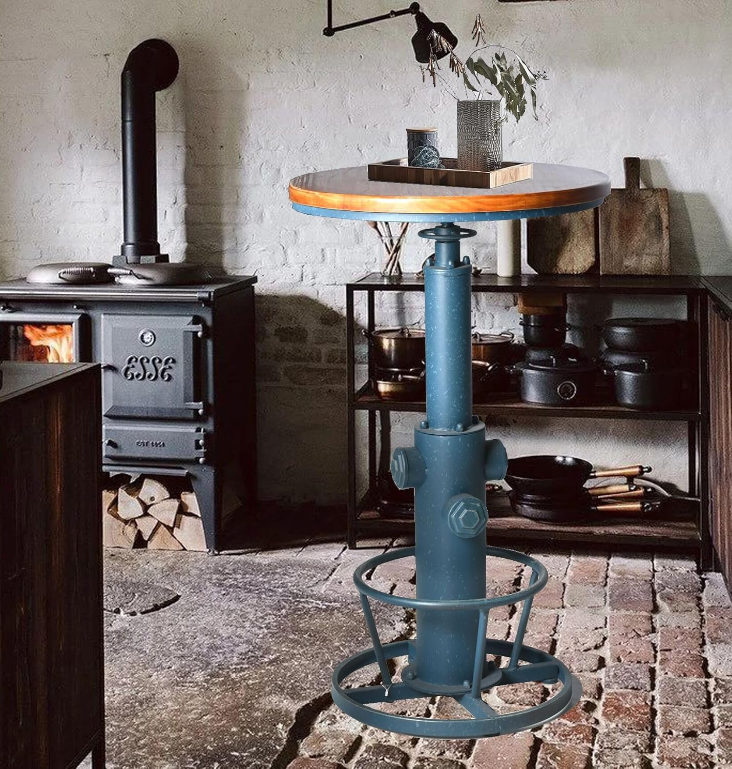 Adjustable Antique Blue Industrial Bar Table for Kitchen & Bistro 38.58-48.43