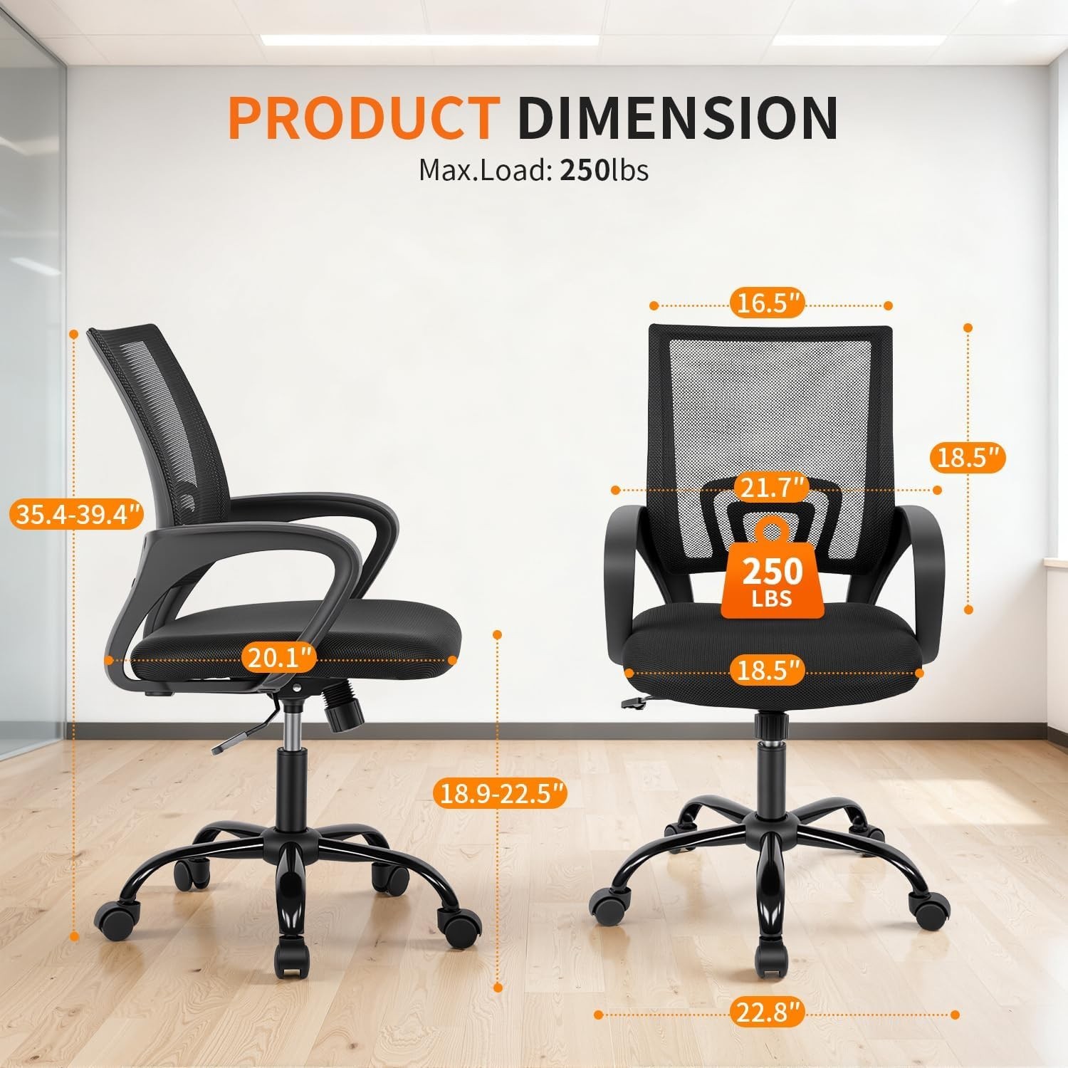 Compact Ergonomic Office Chair - Adjustable Height, Rolling Desk Chair in Black