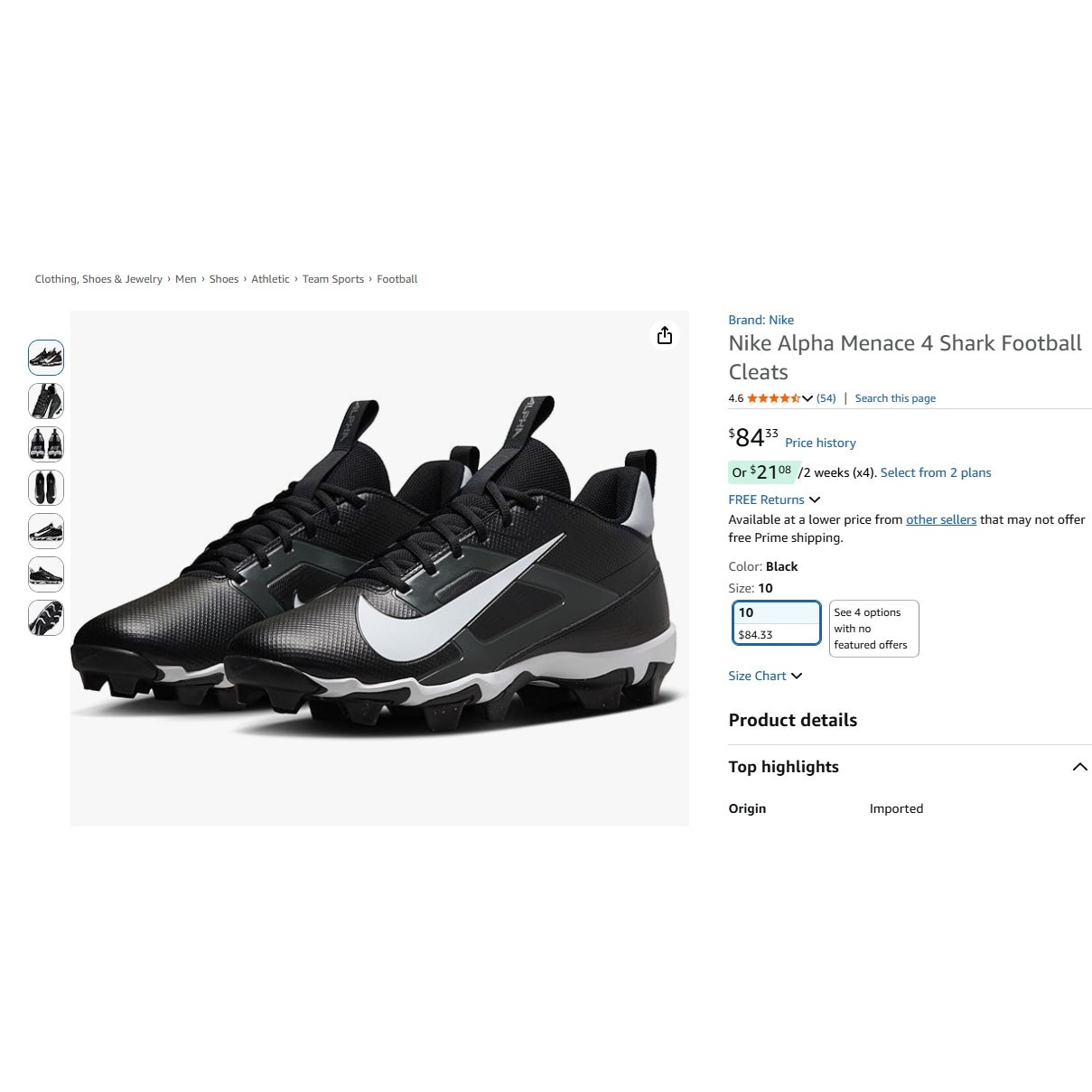 Size 12 Nike Alpha Menace 4 Shark Football Cleats Black & White Men's New