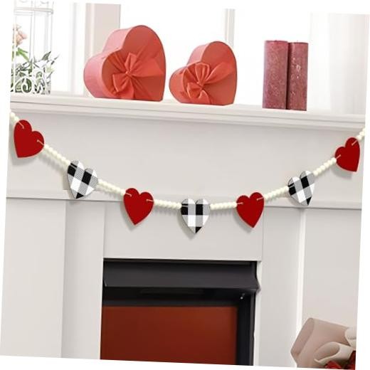 Valentine's Day Wooden Beads Garland, Buffalo Plaid Heart Wooden Banner for