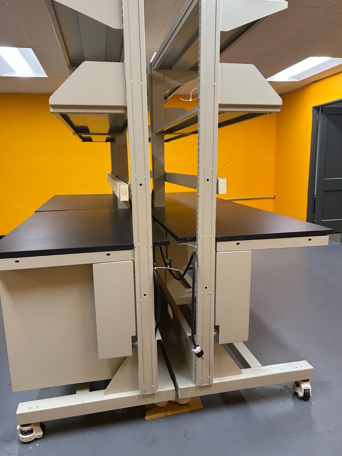 Two (2) 8FT Mobile Laboratory Benches - Double-Sided with Shelves.