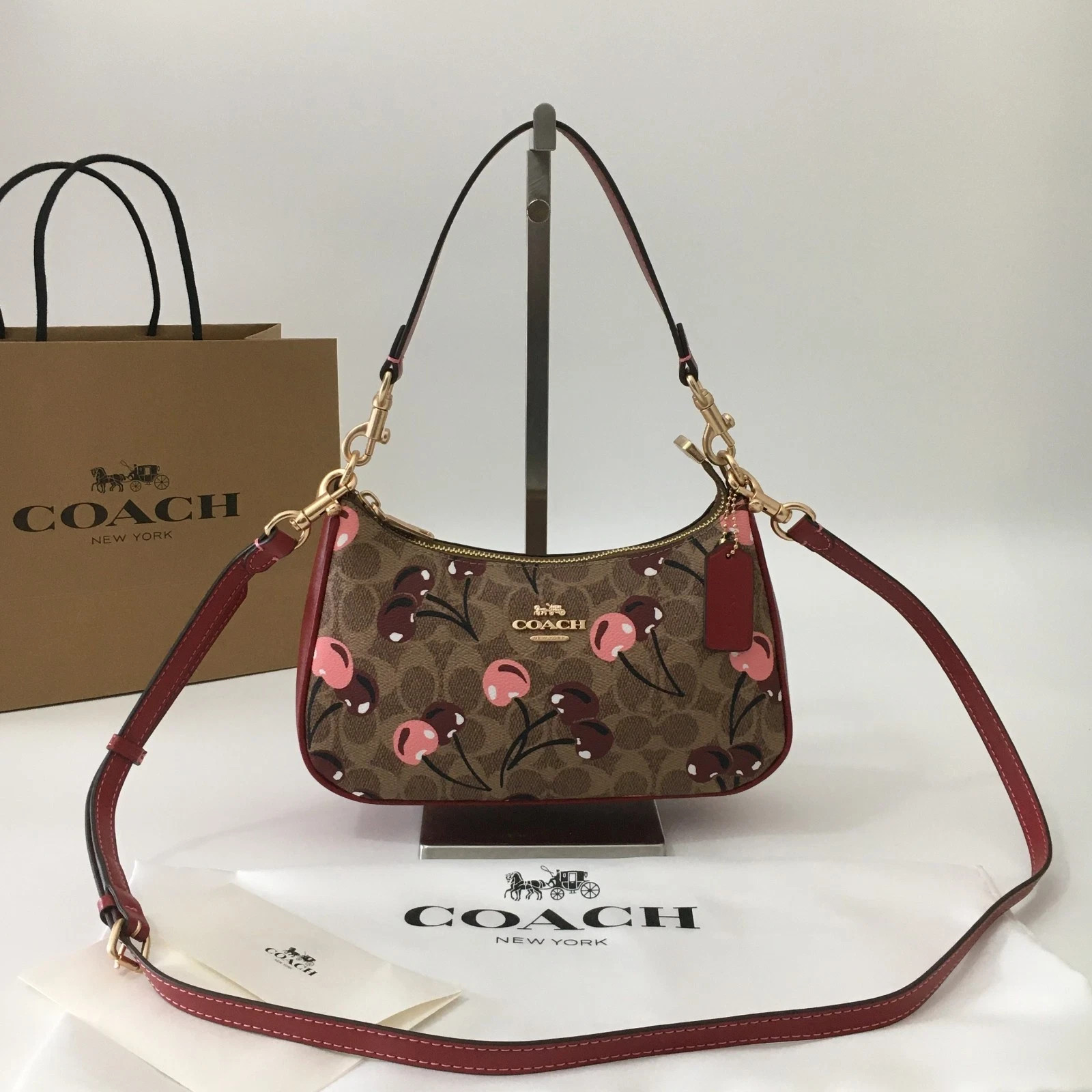 New COACH CY694 Teri Shoulder Bag Signature Canvas Cherry Print Tan Brown Outlet