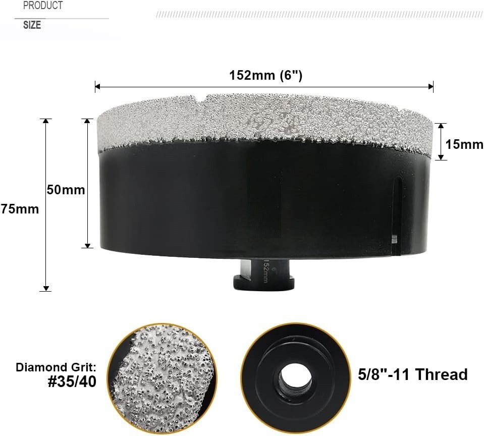 6" Diamond Core Drill Bit Hole Saw & Hex Adapter Tile Ceramic Marble Porcelain