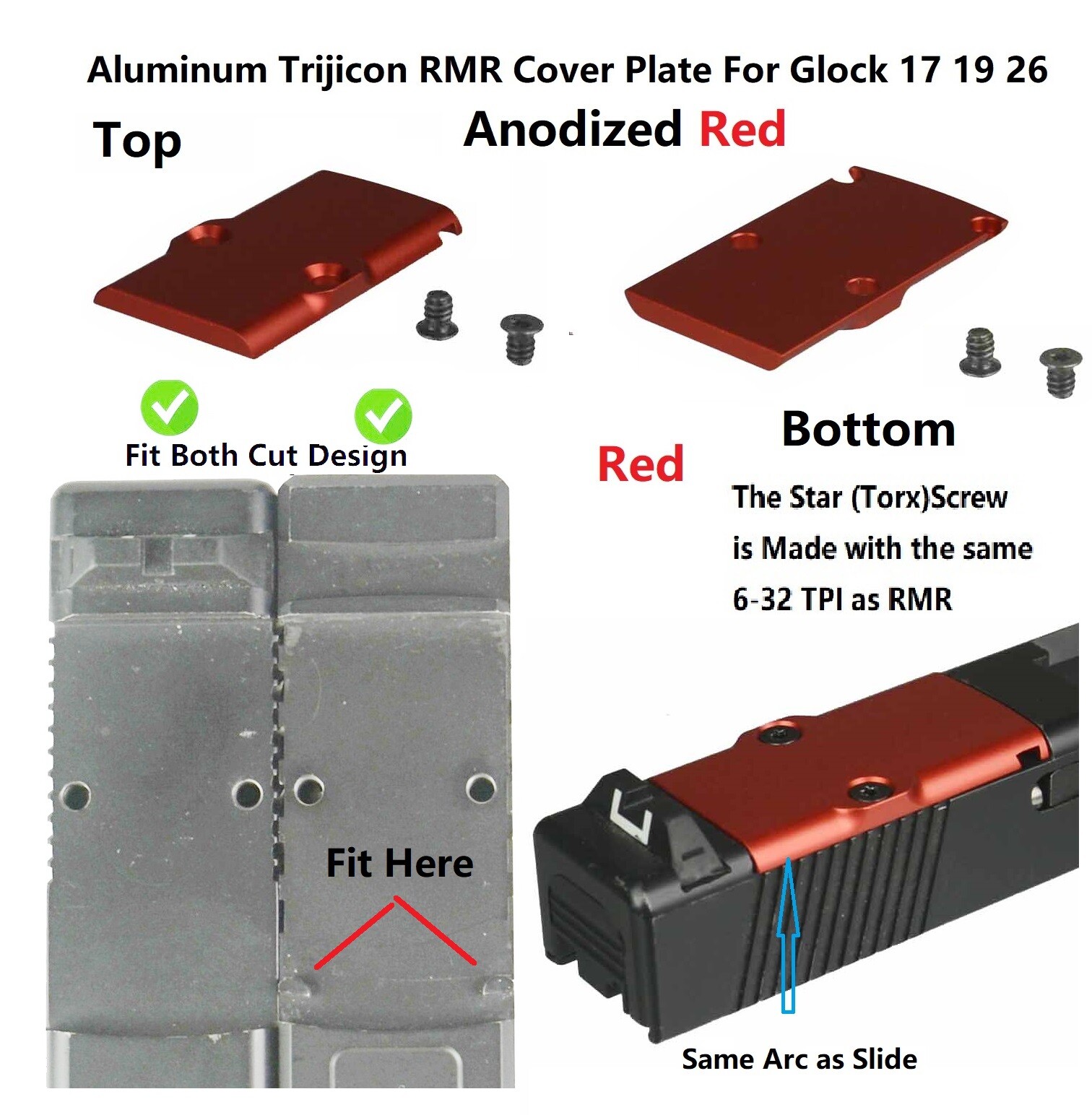 Al Anodized Red RMR Cover Plate,F Glock 17 19 26 Cut Slides W Round Arc Sides