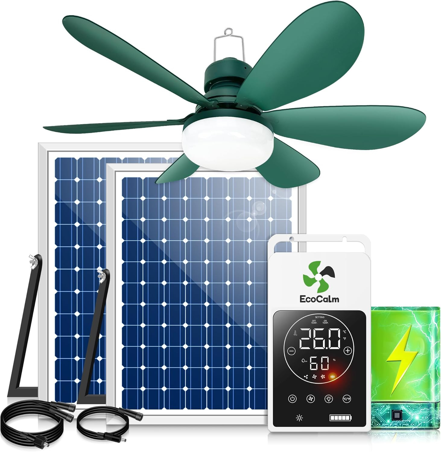 Solar Ceiling Fan Light with Battery and Adjustable Thermostat, 20" Outdoor Ceil