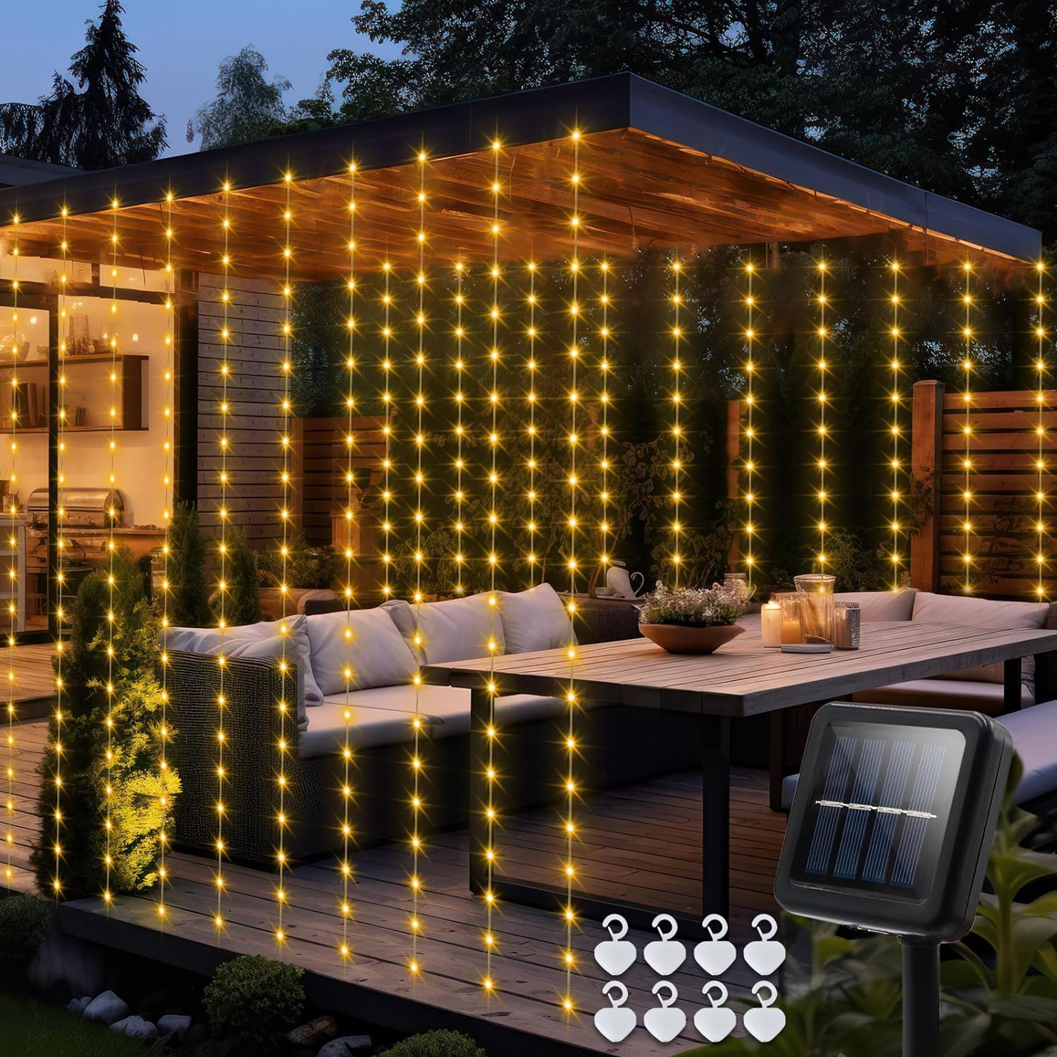 Echosari Solar Curtain Lights 7.9Ft X 6Ft 144 LED Outdoor Curtain Lights Waterpr