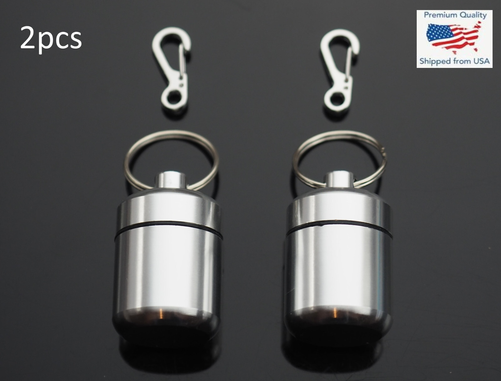 2 PCS Waterproof 1" Wide Pill Container Capsule Bottle Keychain & Clip - Silver