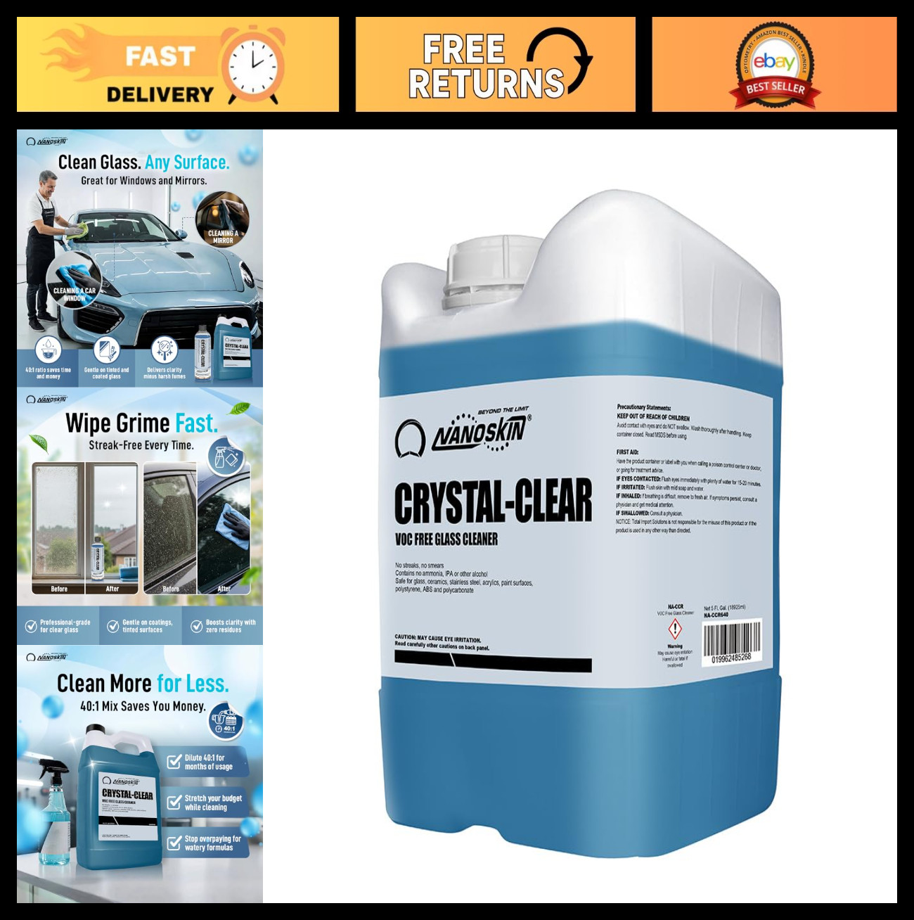 Eco-Friendly VOC-Free Glass Cleaner 5 Gallon - Ultra-Concentrated, Streak-Free F