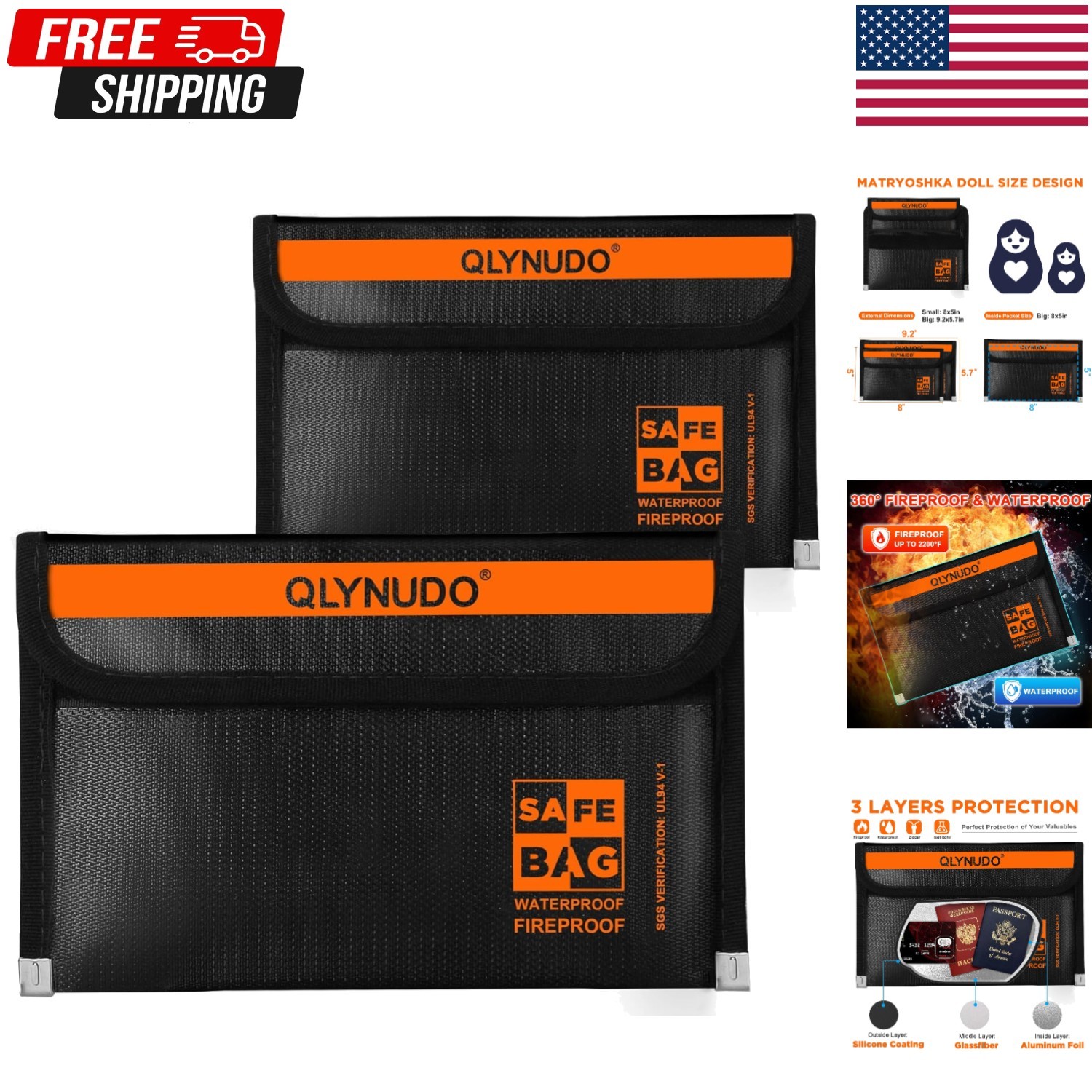 2 PACK Small Fireproof Document Bag Money Bag for Cash with Waterproof Zipper