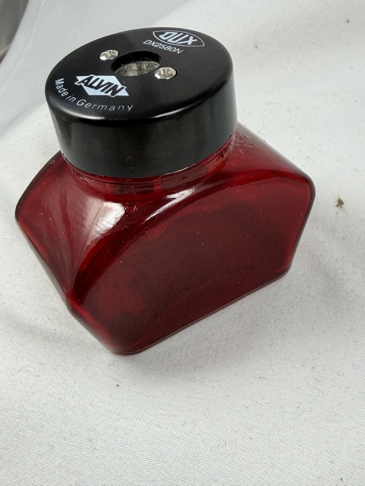 Vintage   ALVIN DUX  Ruby Red Glass Inkwell style PENCIL SHARPENER Germany