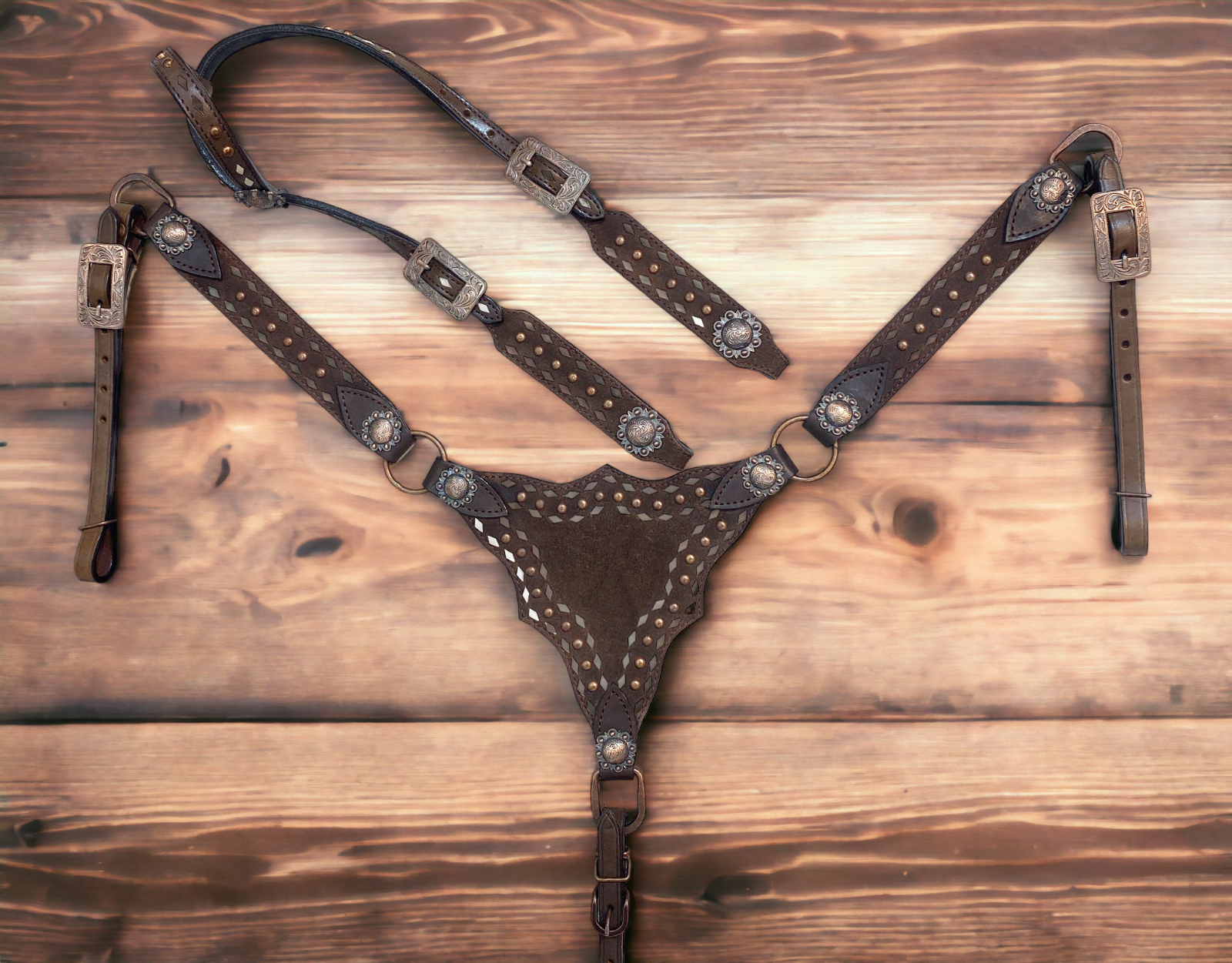 Genuine Western Headstall and Breast Collar Set with Copper Studs Décor MOUSM