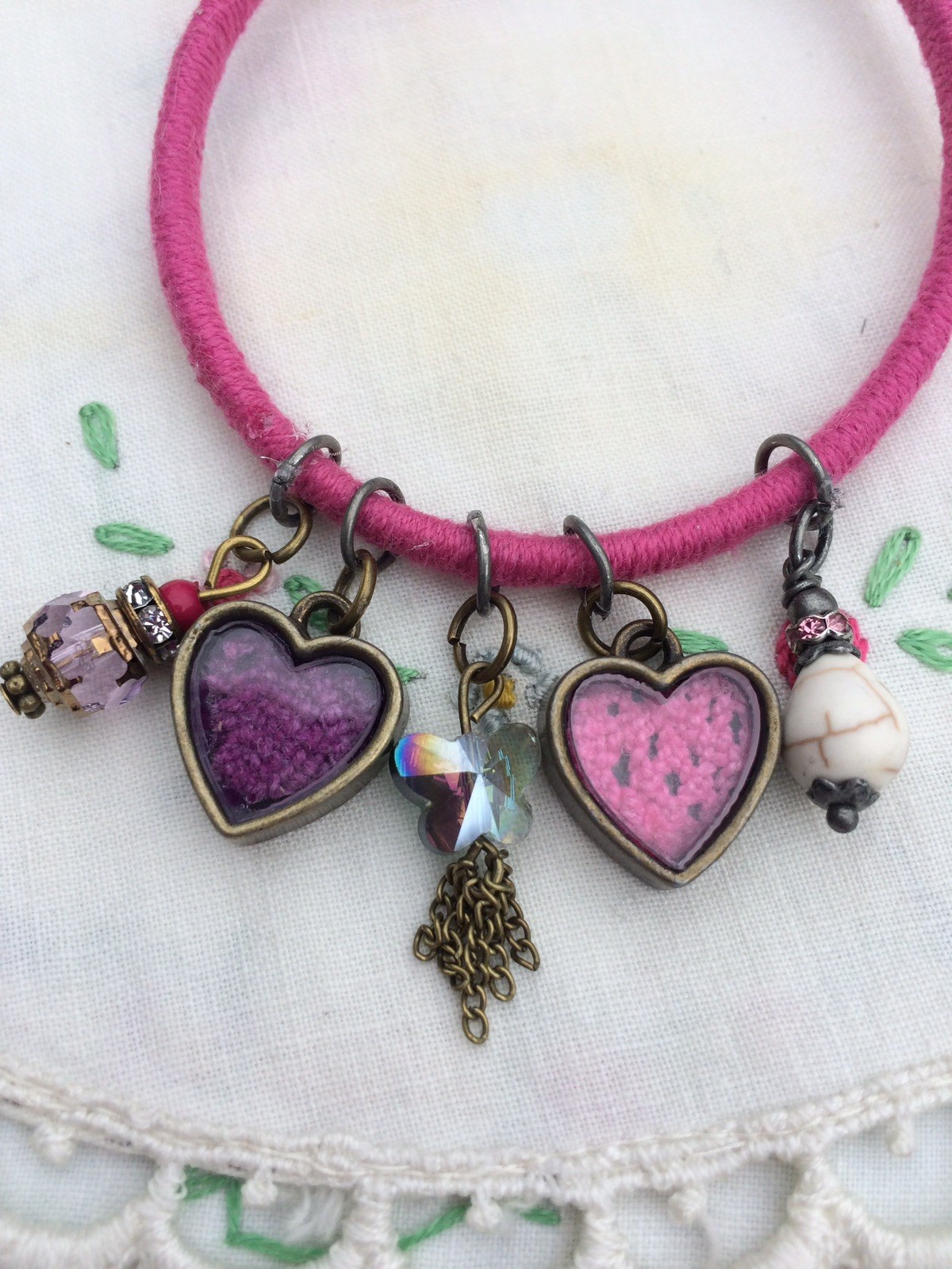 Adjustable Pink Charm Bracelet with Heart Charms, Fabric Metal, Hook Closure