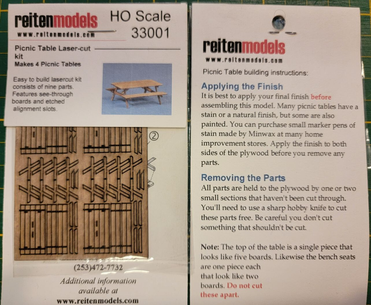 HO Scale REITENMODELS 33001 Picnic Table   Laser Cut kit  4 count