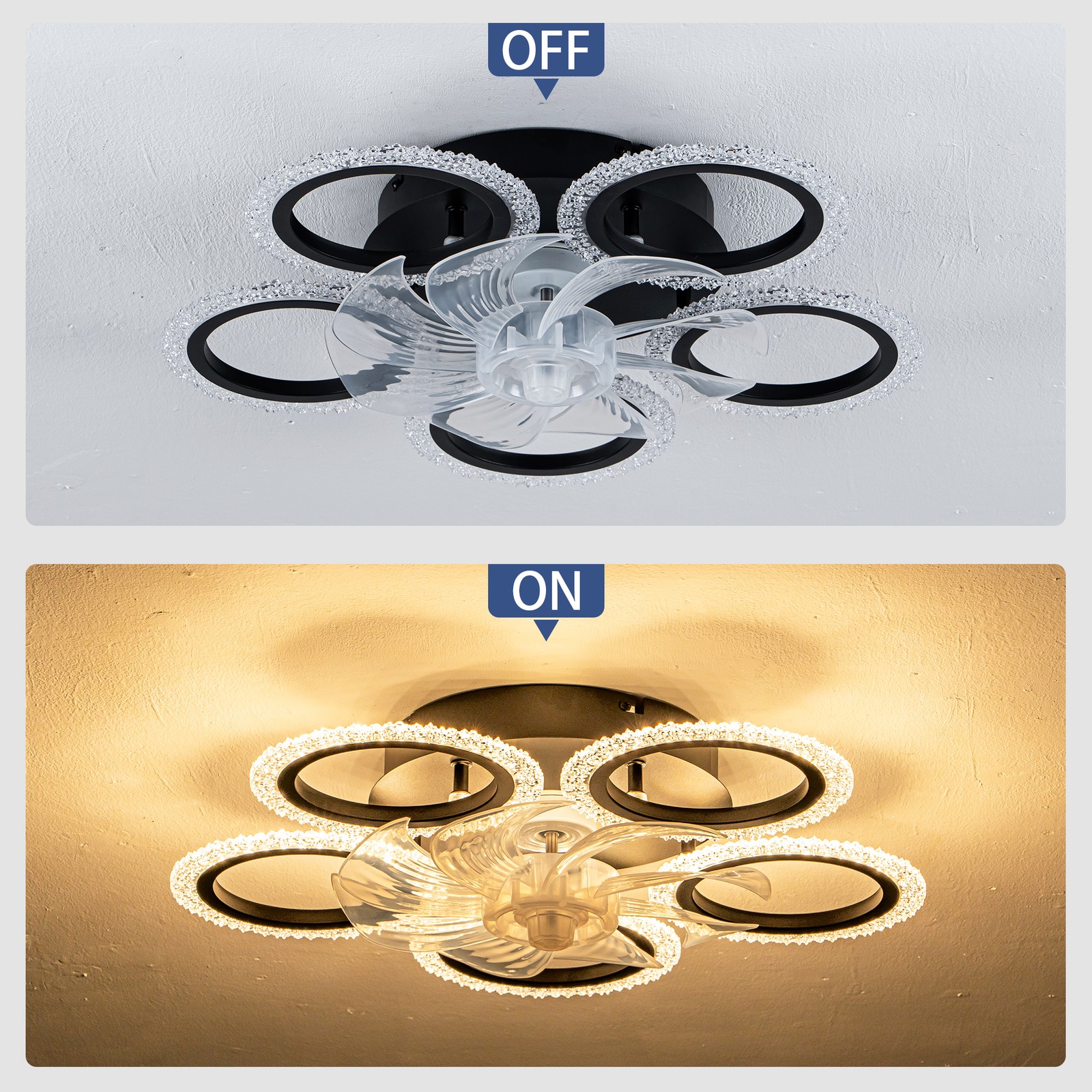 20''Modern Ceiling Fan Lights Remote Control.Black,6 Speeds 3 Light Color Low