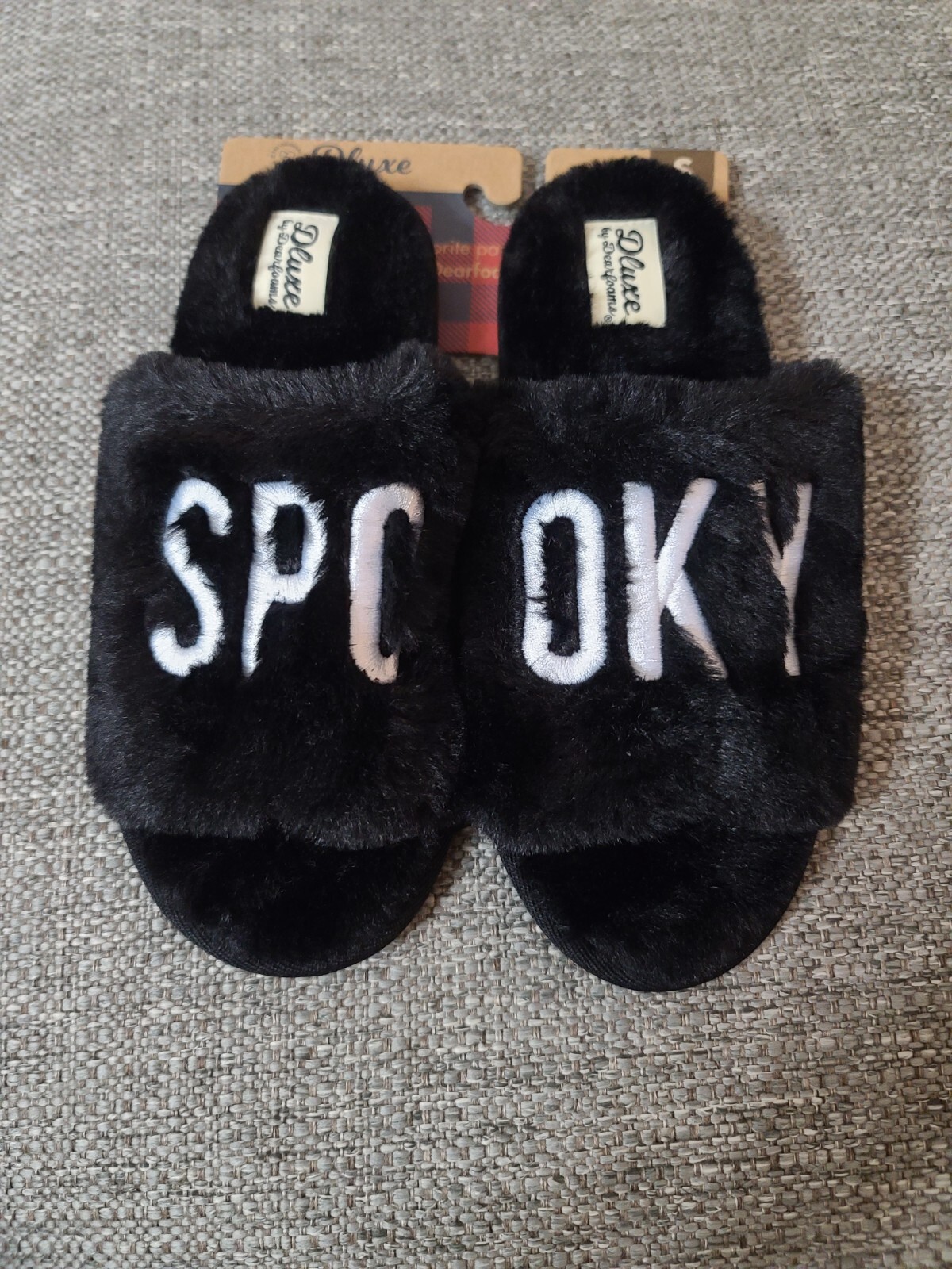 Women's Dluxe by Dearfoams Halloween Black SPOOKY  Slippers Memory Foam NWT