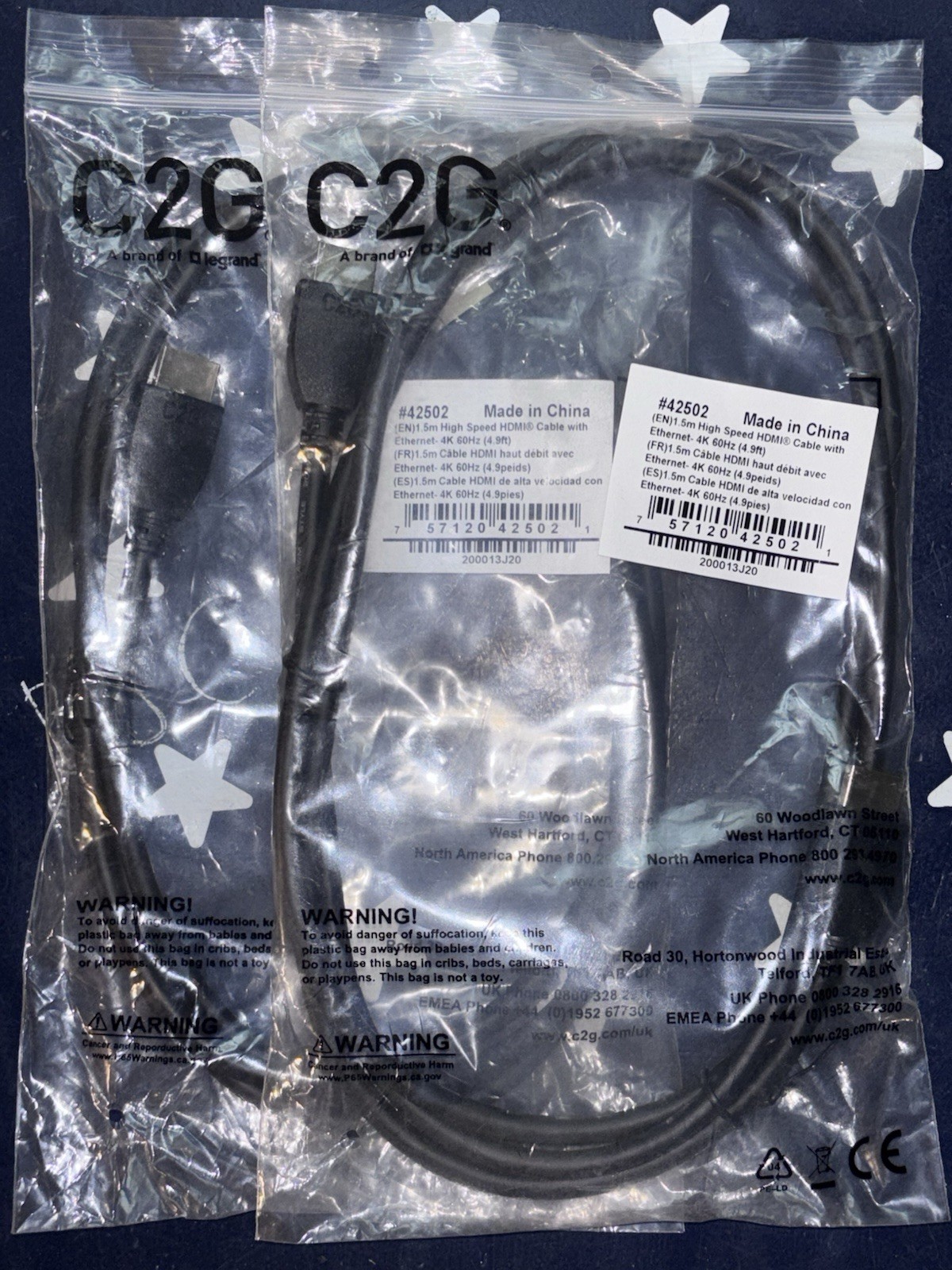 Two C2G 4.9ft (1.5m) High Speed HDMI Cable with Ethernet 4K 60Hz   42502    2pcs