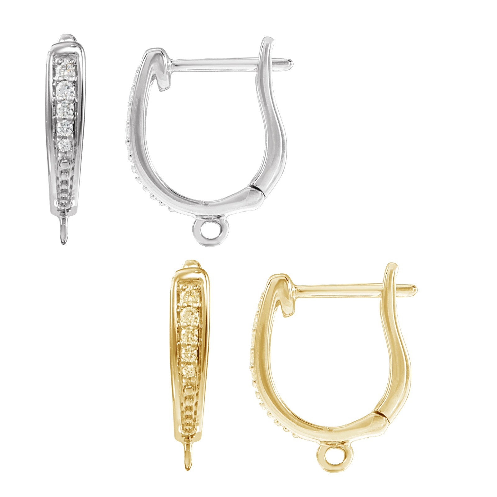 14K 18K Solid Gold, Platinum & Sterling Silver Accented Hinged Hoop Earring Top