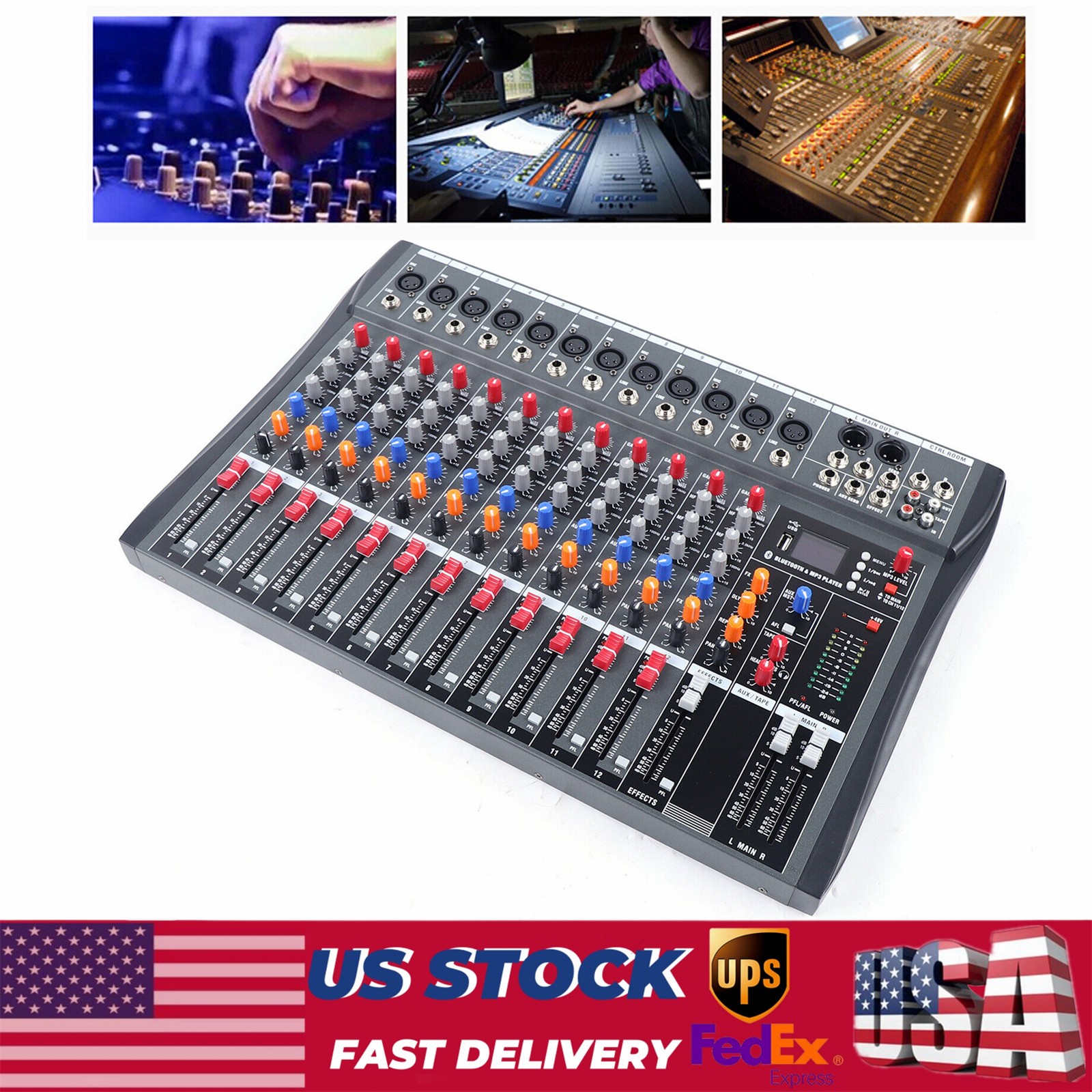 12 Channel Audio Mixer Bluetooth USB DJ Sound Mixing Console Amplifier Studio