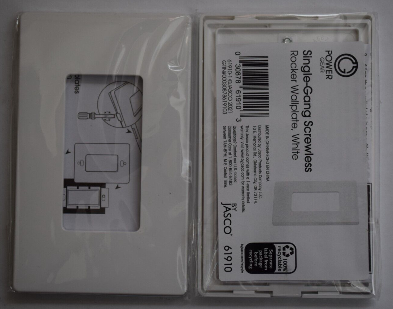 25 JASCO 61910 Power Gear Single Screwless Flush Mount Rocker Switch Plate White
