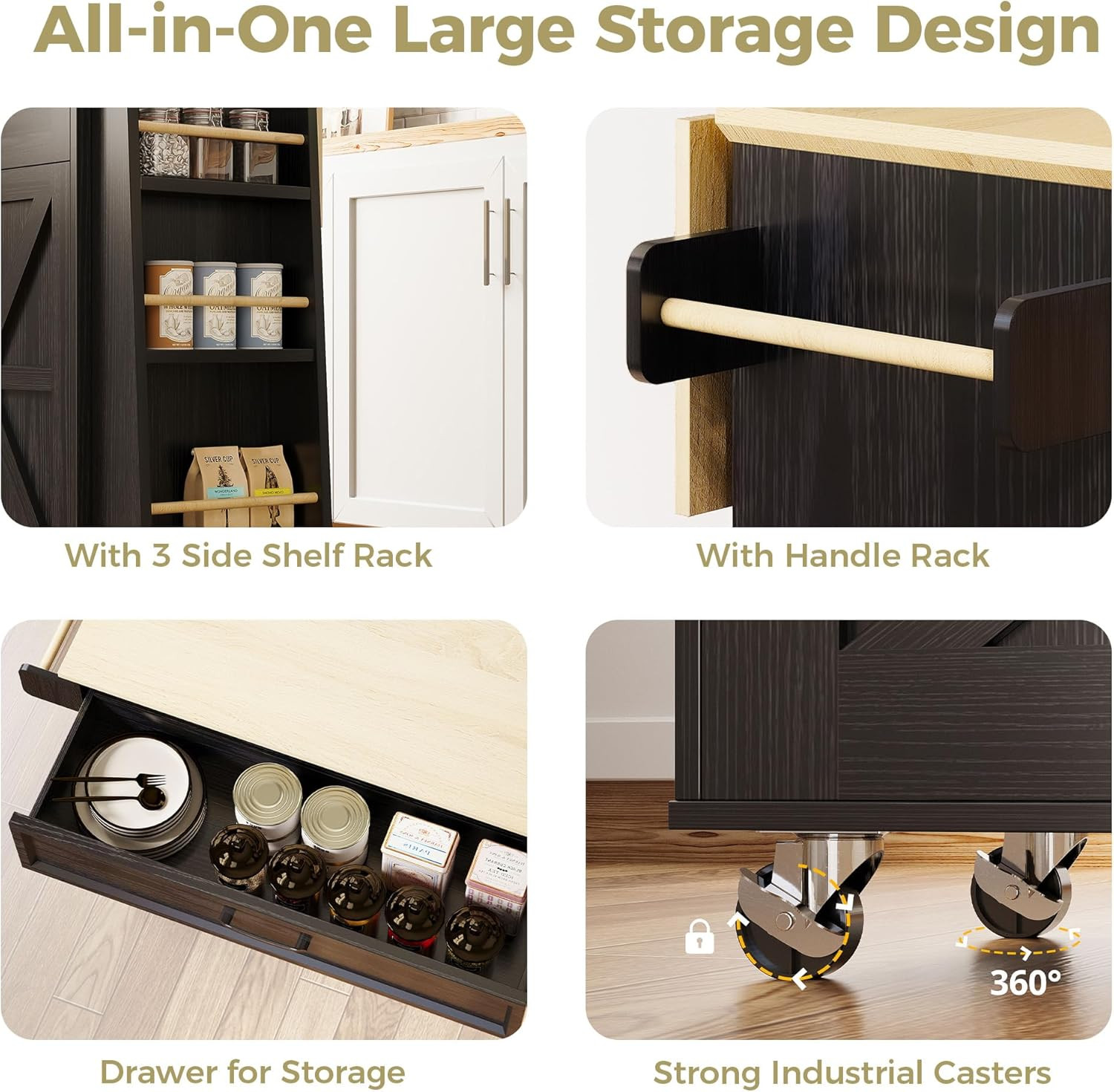 Rolling Kitchen Island Cart with Storage & Power Outlet - Black