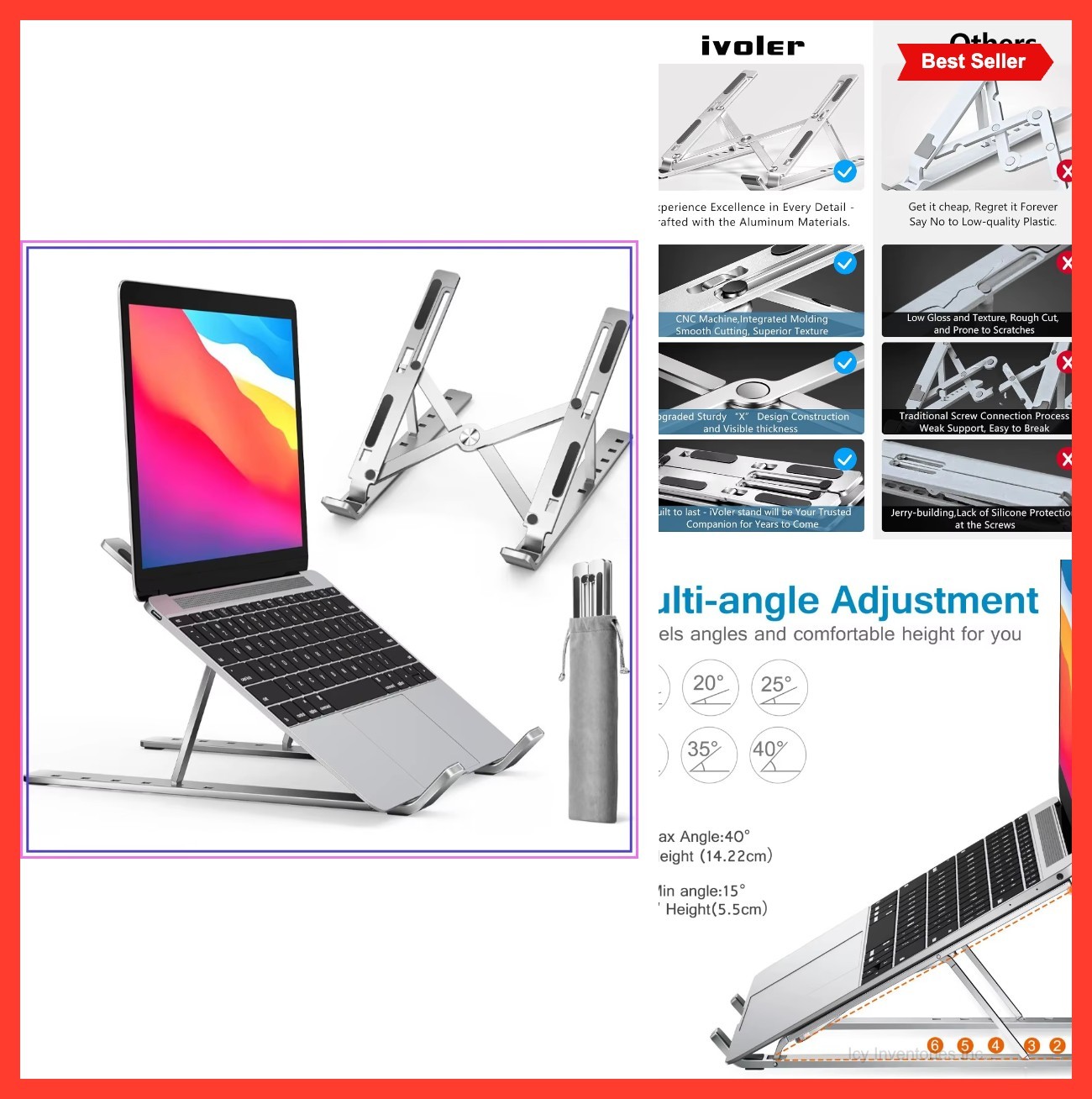 Adjustable Laptop Stand Ergonomic Aluminum Holder 10-15.6 Inch Ventilated