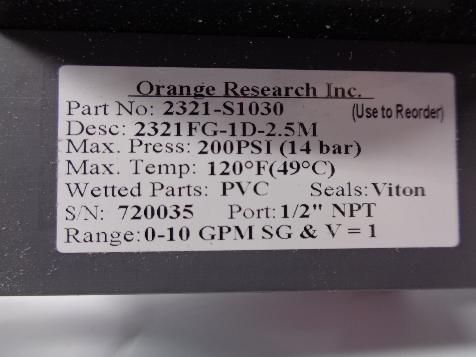ORANGE RESEARCH 2321-S1030 FLOW METER 200PSI,0-10GMP NSNP