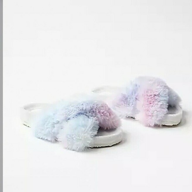 NWY LOFT Faux Fur Indoor & Outdoor Slippers - Rainbow Sorbet - Size Large 9/10
