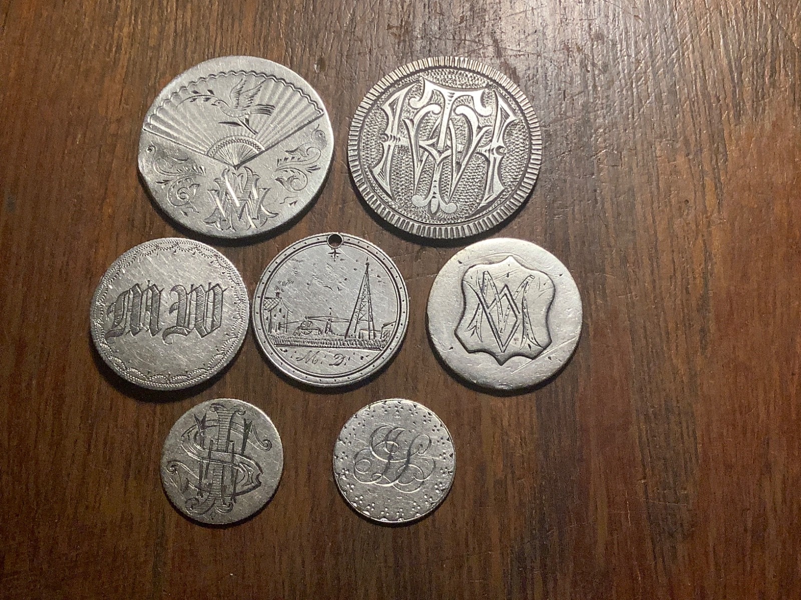 7 Canadian Victoria Siver Coins - Engraved/Love Tokens 50, 25, 10 cents - 1800’s