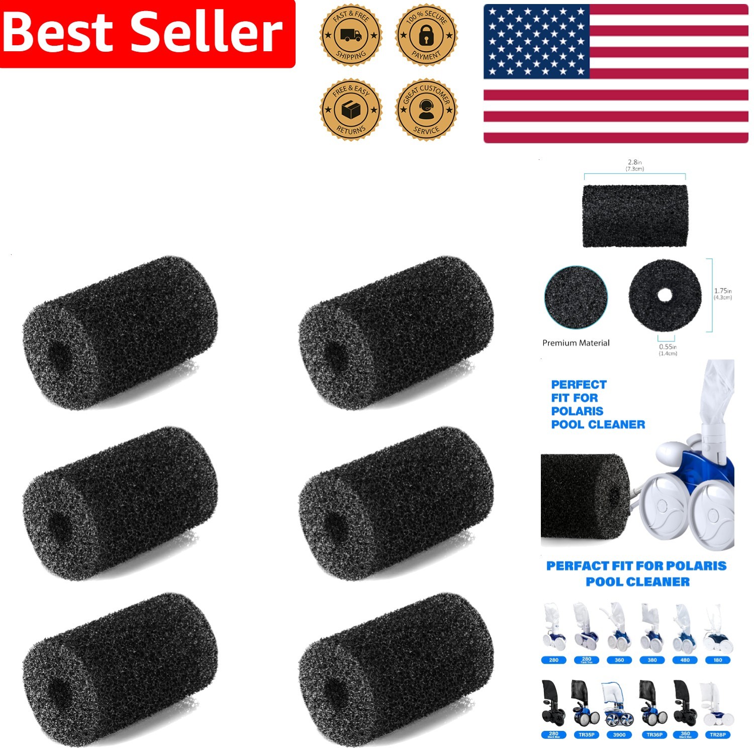 Pool Scrubber Tail Hose 6 Count Replacement Black Polaris 3900 480 380 360 Parts