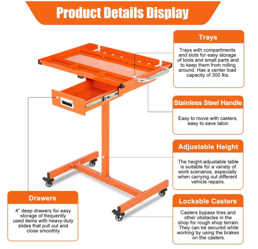 Garvee Heavy Duty Rolling Work Table, Adjustable Height Mobile Workbench, 35-45