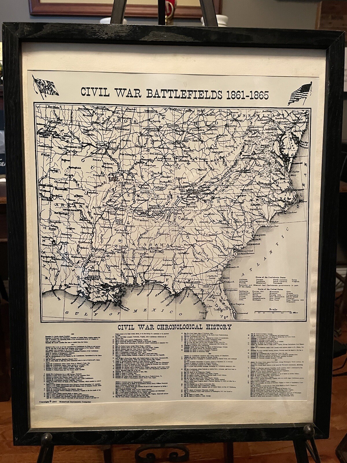 Civil War Battlefields 1861-1865 Map Copyright 1961 Chronological History Framed