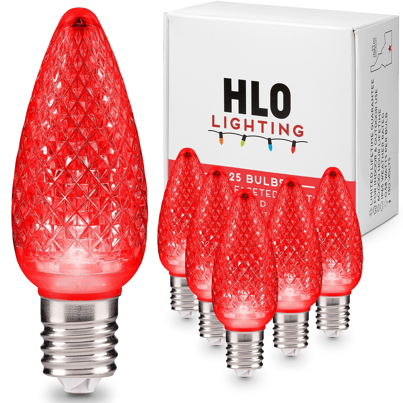 Set of 25 Red C9 Christmas Lights | Faceted C9 LED Christmas Light Bulbs for ...