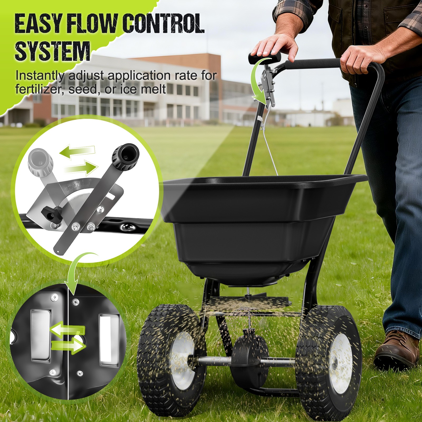 80LB Broadcast Spreader Push Lawn Seeder Fertilizer Ice Melt Spreader Adjustable