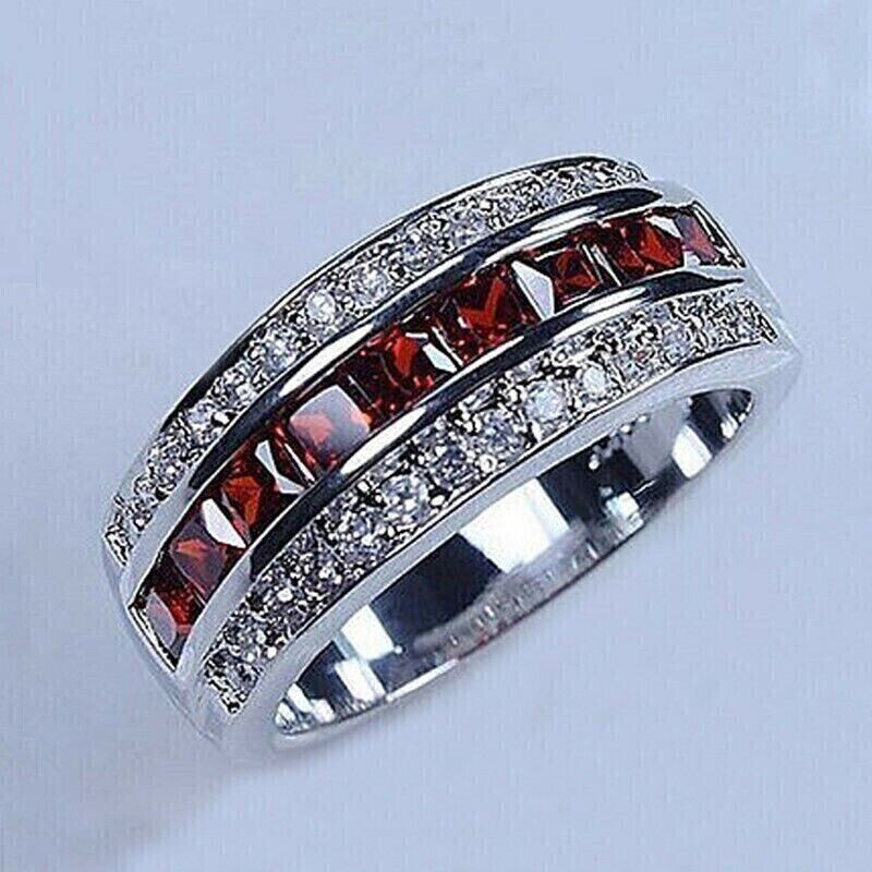 2Ct Princess Cut Lab Created Red Ruby Men's Wedding Ring 14k White Gold Plated