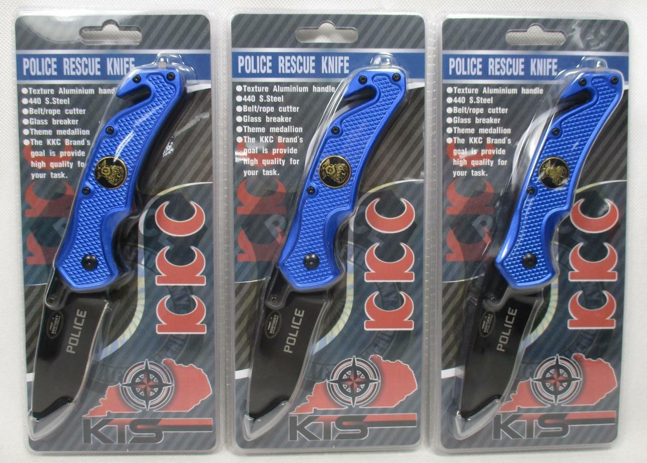 Lot of 3 Police Rescue 8" Folding Pocket Knife Spring Assist Emblem 440SS A-2