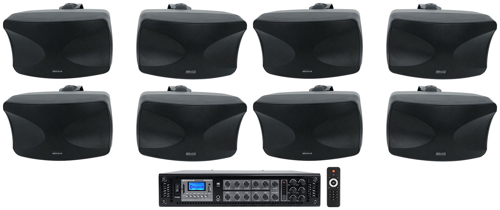 8 Rockville WET-44 PRO Dual 4" 4-Way Swivel 70V Commercial Speakers in Black+Amp