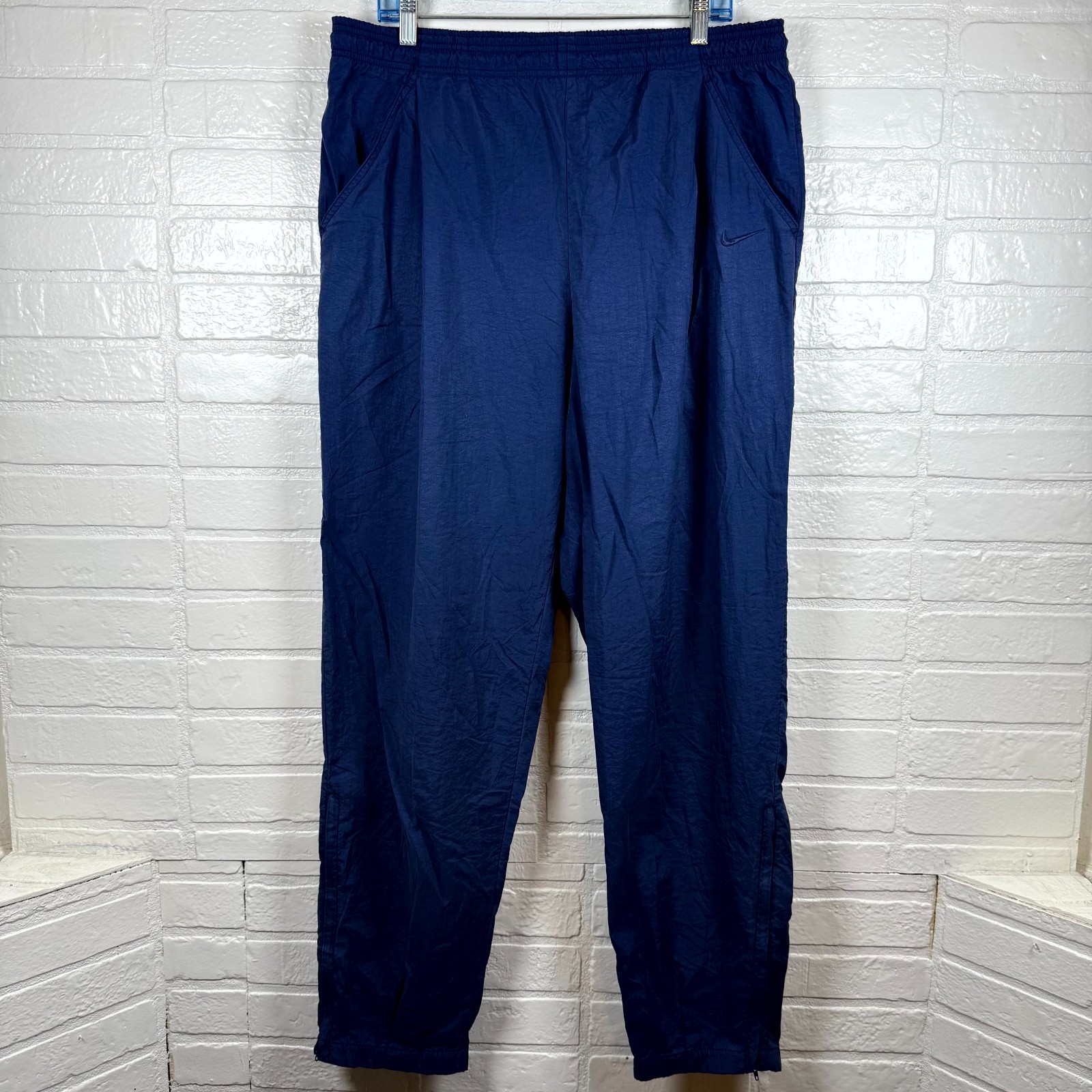 Vintage Nike Track Pants Mens Large Navy Ankle Zip Drawstring Tapered Leg