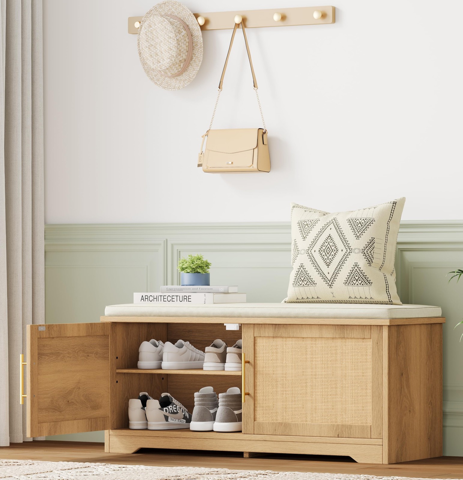 Zeibospri Rattan Shoe Storage Bench, 13.8"W x 39.4"D x 17.9H, Natural Oak