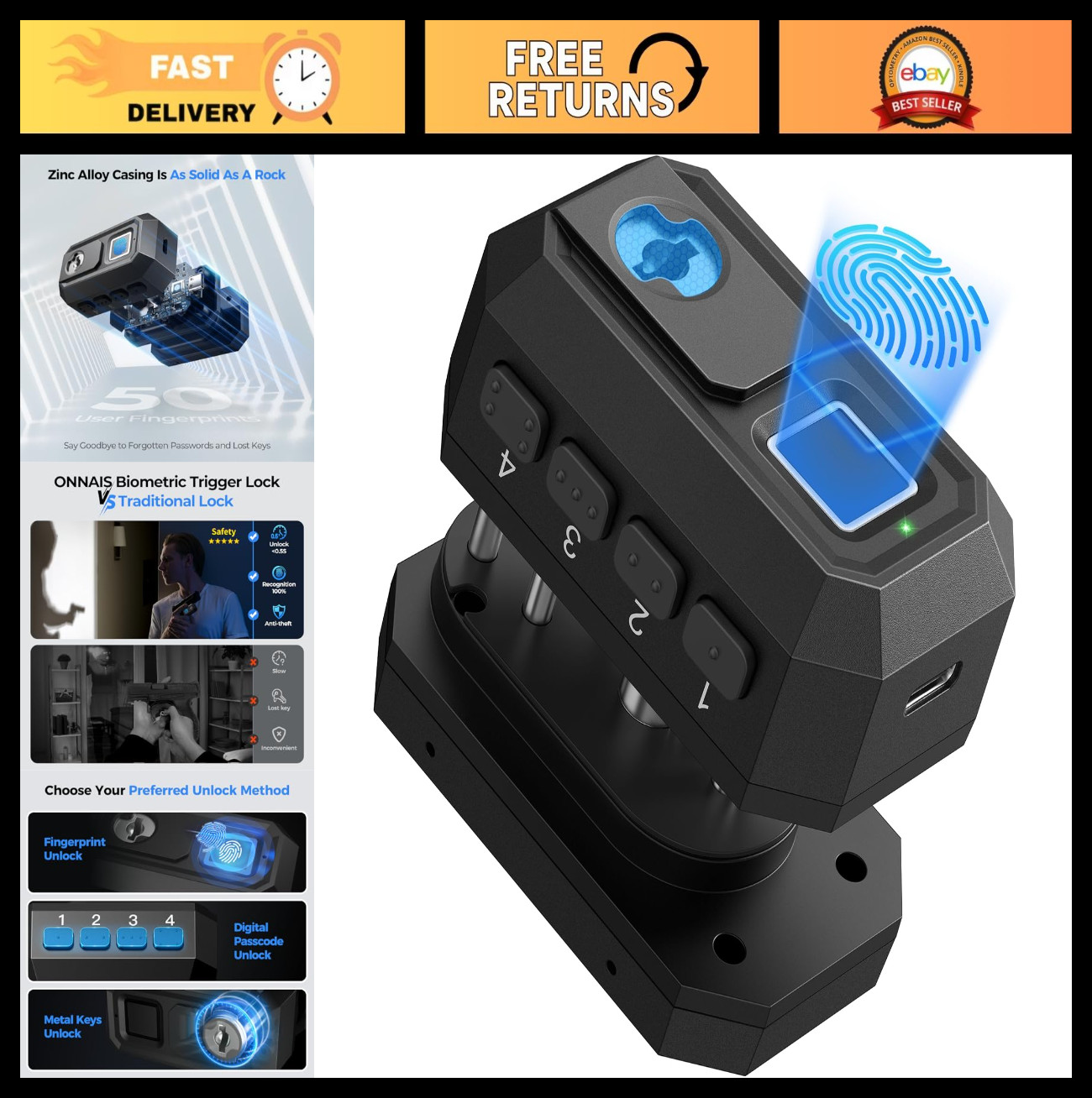 Biometric Gun Trigger Lock - Quick Release Rifle & Handgun Storage Rack, Secure