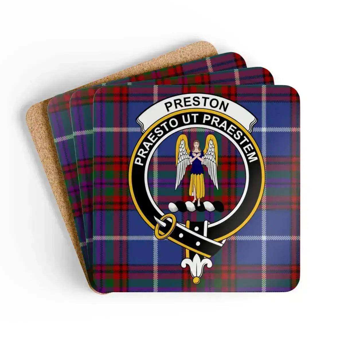 Preston Clan Crest Scottish Tartan Coaster Set