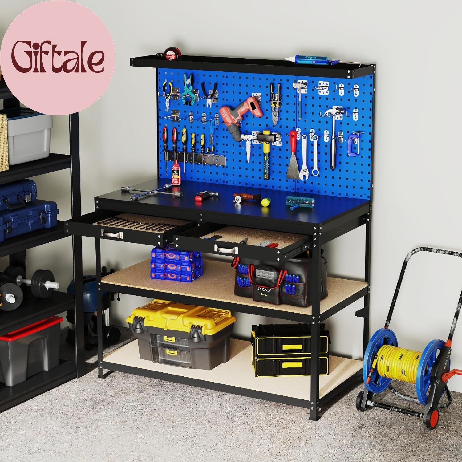 Workbench with Drawers, 48" X 24" Heavy-Duty Work Table with 3 PCS Pegboard & 4