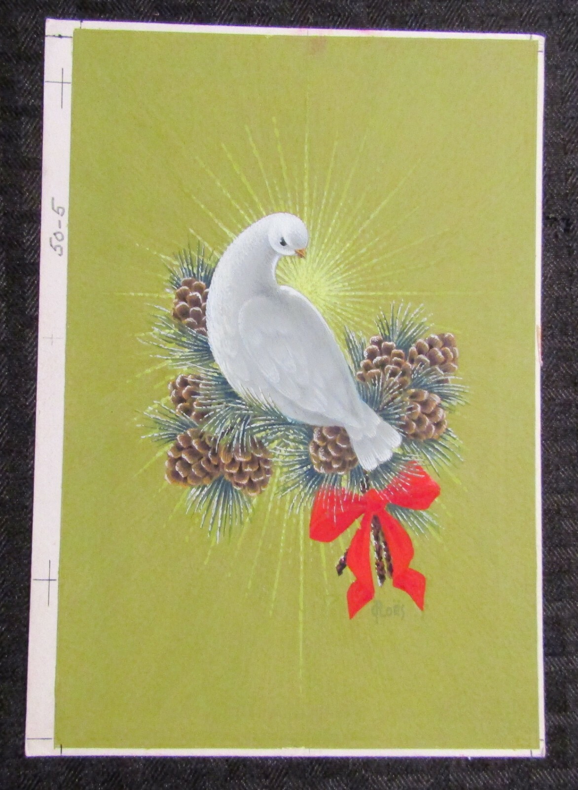 CHRISTMAS Beautiful Dove w/ Pine Cones & Ribbon 6x8.5" Greeting Card Art #505