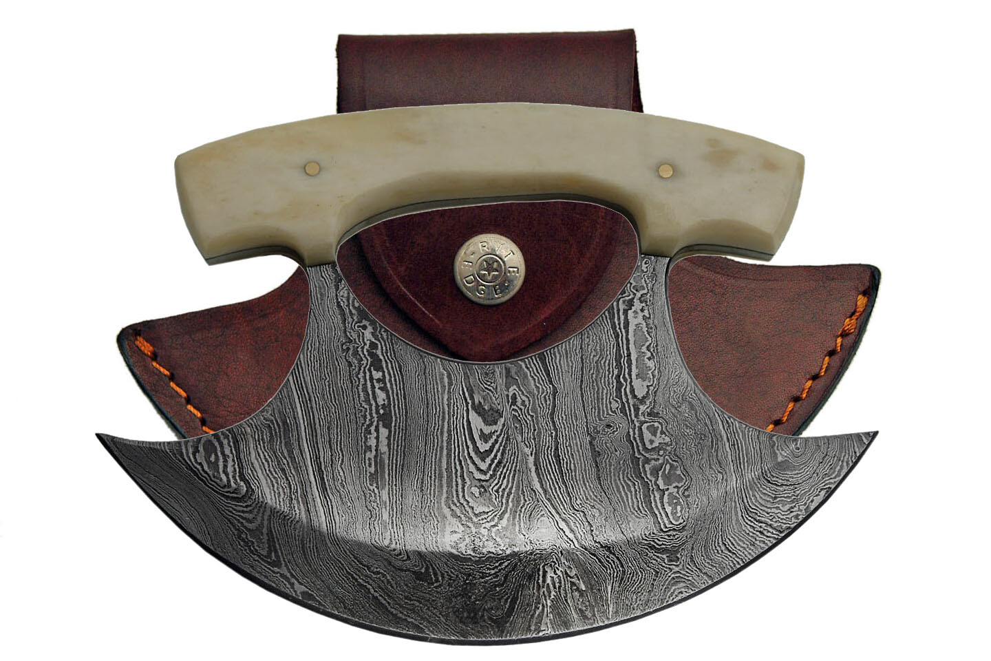 Ulu Knife | 5.5" Damascus Steel Blade Inuit Alaskan Eskimo Hunter Leather Sheath