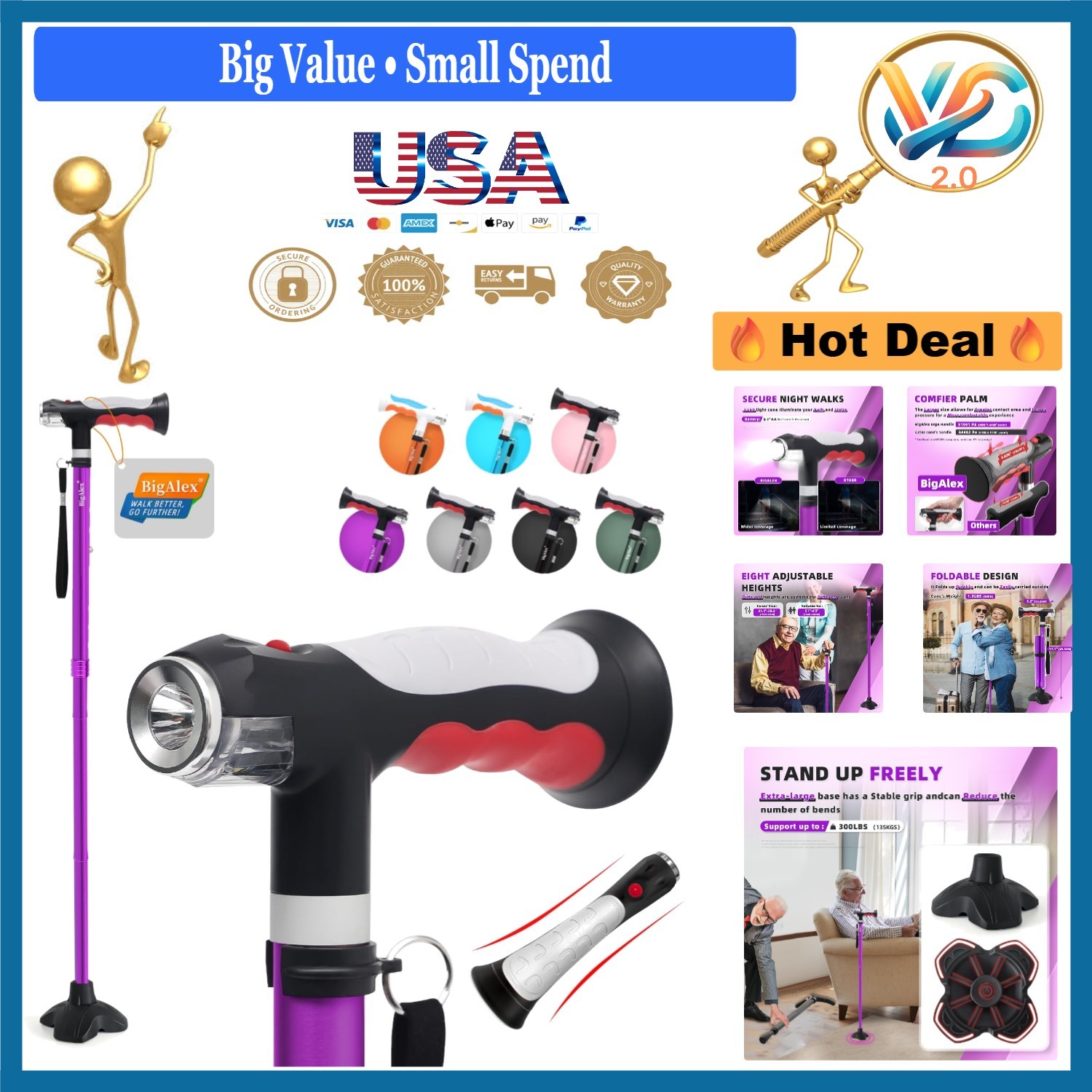Adjustable Folding Walking Cane with 2 LED Lights Rubber Base Purple