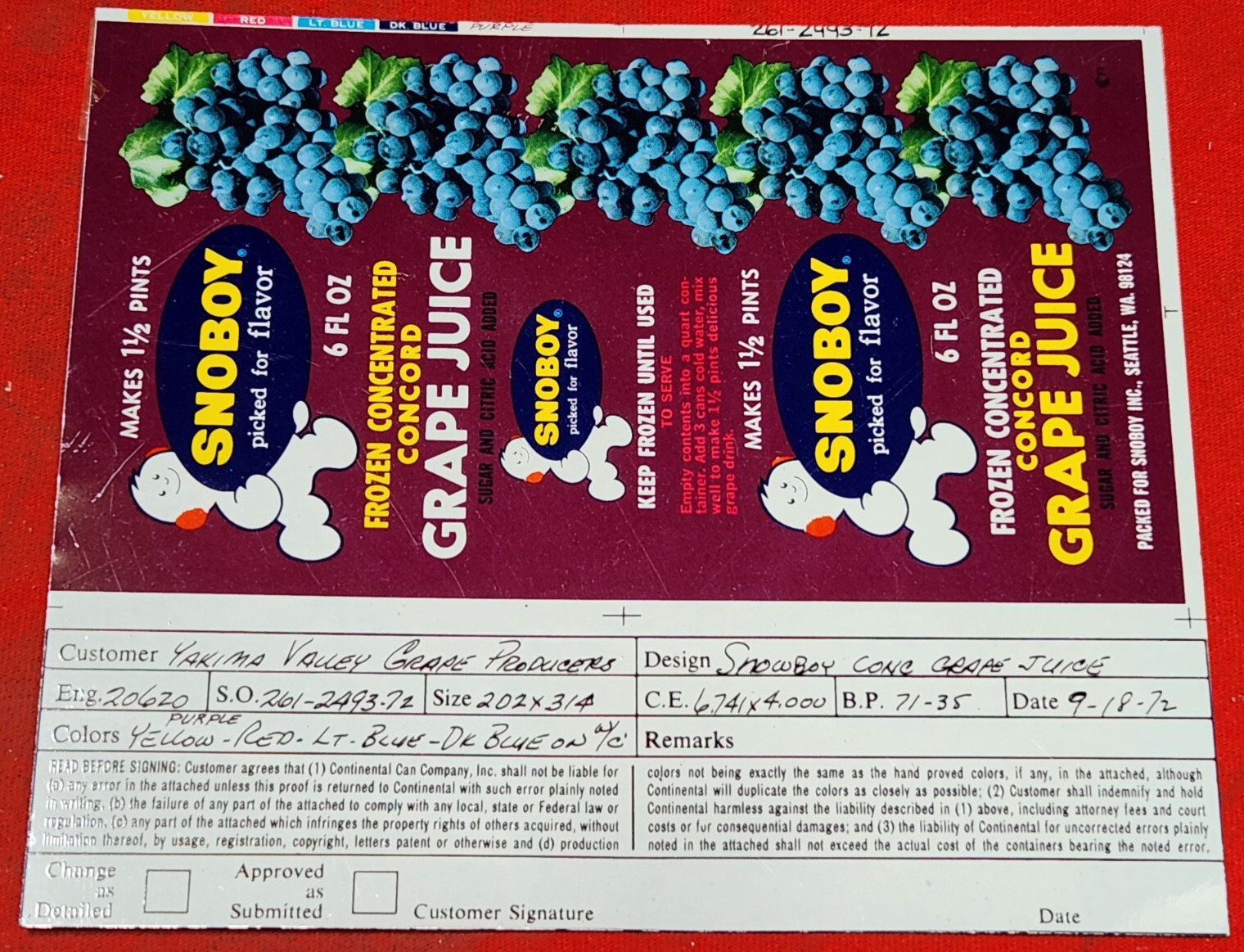 rare CONTINENTAL CAN flat EMPTY SNOBOY GRAPE JUICE FROZEN 6oz APPROVAL 1972 8w5