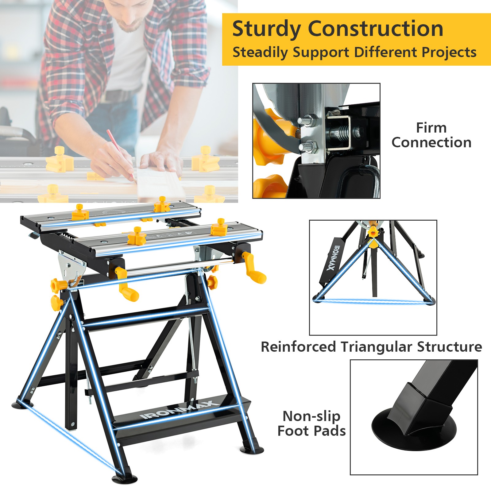 Folding Work Table Portable Workbench W/ Adjustable Height & Tiltable Platform