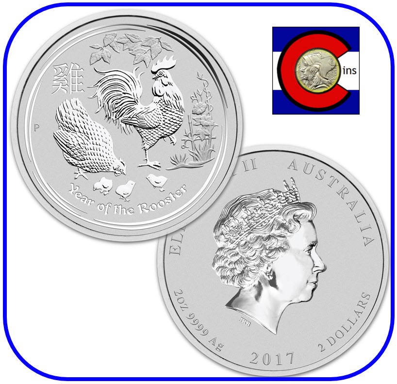 2017 Lunar Rooster Australia 2 oz BU Silver Coin in Mint Capsule - Series 2