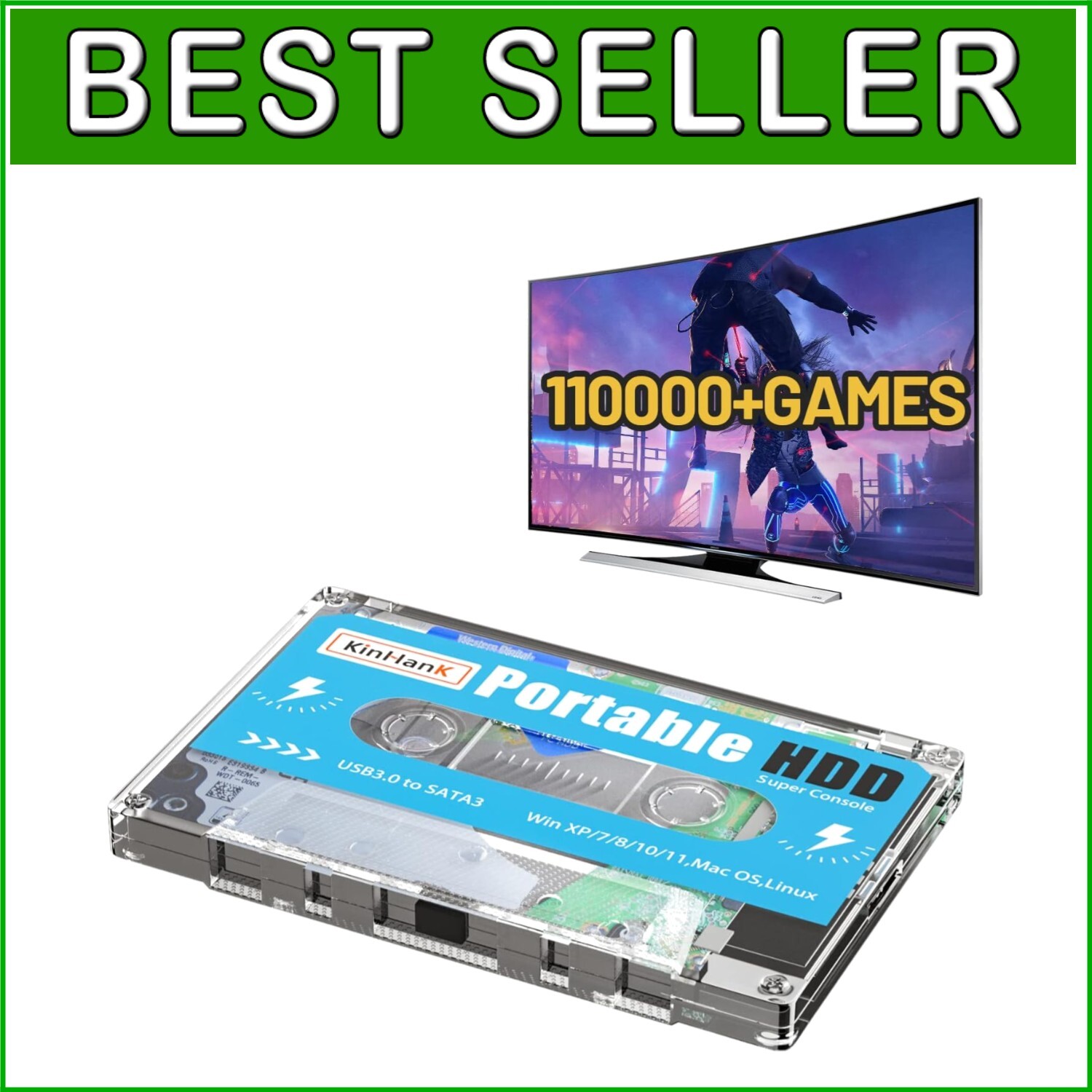 Compact 500GB External Hard Drive with 110,000+ Pre-Installed Games & Emulators
