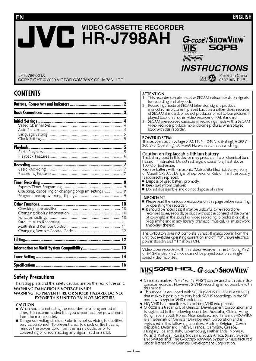 JVC HR-J798AH VCR Owners Instruction Manual Reprint